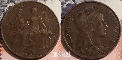Франция 10 сантимов 1898 года, KM# 843, 176-057