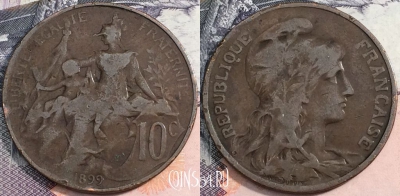 Франция 10 сантимов 1899 года, KM# 843, a088-125
