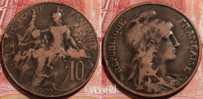Франция 10 сантимов 1900 года, KM# 843, 225-085