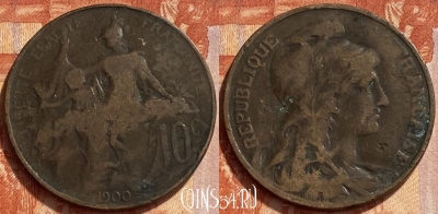 Франция 10 сантимов 1900 года, KM# 843, 353q-073 ♛