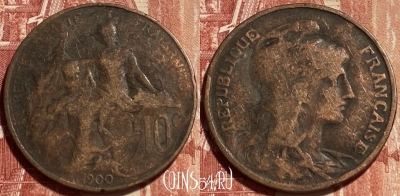 Франция 10 сантимов 1900 года, KM# 843, 369q-034 ♛