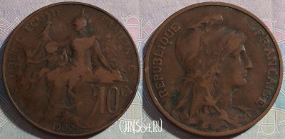 Франция 10 сантимов 1900 года, KM# 843, a069-088