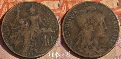 Франция 10 сантимов 1901 года, KM# 843, 330p-116 ♛