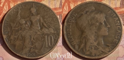 Франция 10 сантимов 1901 года, KM# 843, 335p-139 ♛