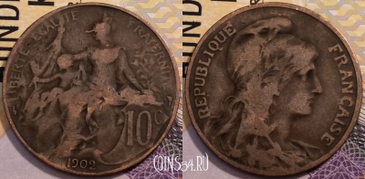 Франция 10 сантимов 1902 года, KM# 843, 229-143 ♛
