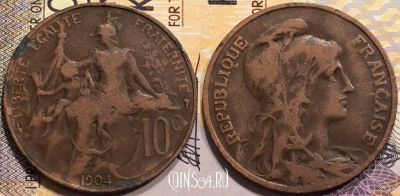 Франция 10 сантимов 1904 года, KM# 843, 143-034