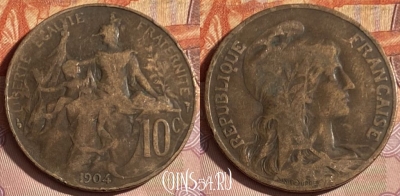 Франция 10 сантимов 1904 года, KM# 843, 328p-142 ♛
