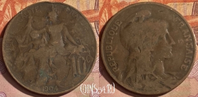 Франция 10 сантимов 1904 года, KM# 843, 335p-053 ♛