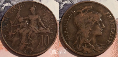 Франция 10 сантимов 1907 года, KM# 843, 176-058