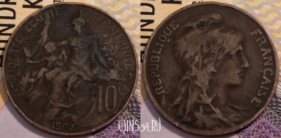 Франция 10 сантимов 1907 года, KM# 843, 233-001