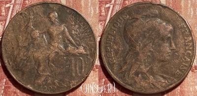Франция 10 сантимов 1907 года, KM# 843, 375q-016 ♛