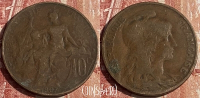 Франция 10 сантимов 1907 года, KM# 843, 428p-113 ♛