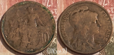 Франция 10 сантимов 1908 года, KM# 843, 092s-094 ♛
