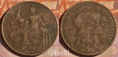 Франция 10 сантимов 1908 года, KM# 843, 331p-042 ♛
