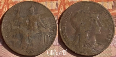 Франция 10 сантимов 1908 года, KM# 843, 331p-089 ♛