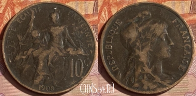 Франция 10 сантимов 1908 года, KM# 843, 333p-101 ♛