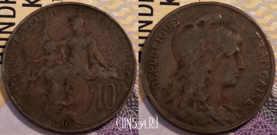 Франция 10 сантимов 1910 года, KM# 843, 233-002
