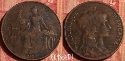 Франция 10 сантимов 1910 года, KM# 843, 386o-036 ♛