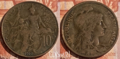 Франция 10 сантимов 1910 года, KM# 843, 499р-003 ♛