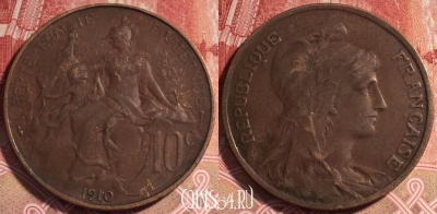 Франция 10 сантимов 1910 года, KM# 843, b066-062
