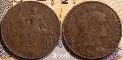 Франция 10 сантимов 1911 года, KM# 843, 141-085