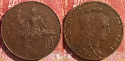 Франция 10 сантимов 1911 года, KM# 843, 256-120