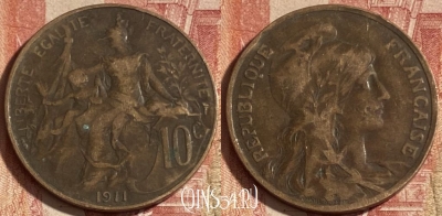 Франция 10 сантимов 1911 года, KM# 843, 260p-108 ♛