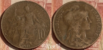 Франция 10 сантимов 1911 года, KM# 843, 266p-082 ♛