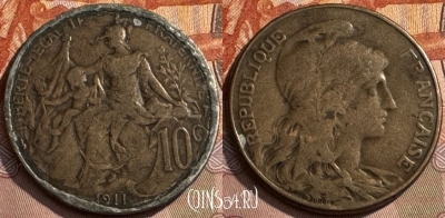 Франция 10 сантимов 1911 года, KM# 843, 318s-076