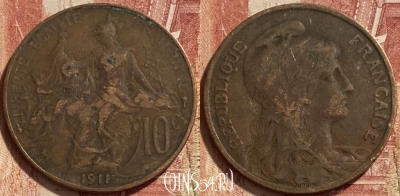 Франция 10 сантимов 1911 года, KM# 843, 329q-004 ♛