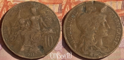 Франция 10 сантимов 1911 года, KM# 843, 331p-036 ♛