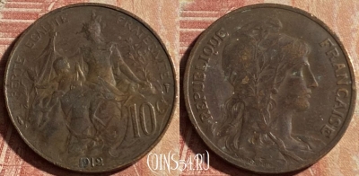 Франция 10 сантимов 1912 года, KM# 843, 175p-142 ♛
