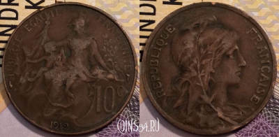 Франция 10 сантимов 1912 года, KM# 843, 233-003