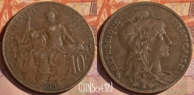 Франция 10 сантимов 1912 года, KM# 843, 331p-122 ♛