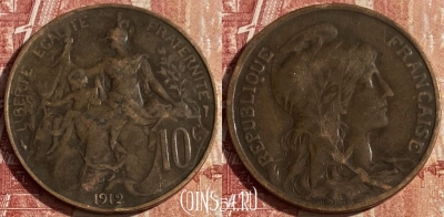 Франция 10 сантимов 1912 года, KM# 843, 440p-023 ♛