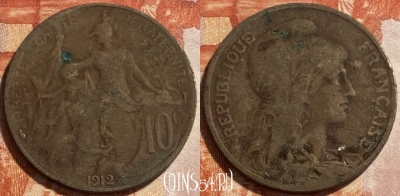 Франция 10 сантимов 1912 года, KM# 843, 494р-070 ♛