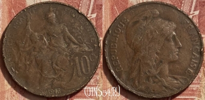 Франция 10 сантимов 1913 года, KM# 843, 325q-104 ♛