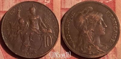 Франция 10 сантимов 1917 года, KM# 843, 386o-114 ♛