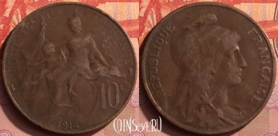 Франция 10 сантимов 1914 года, KM# 843, 394o-120 ♛