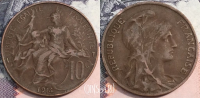 Франция 10 сантимов 1914 года, KM# 843, a088-128