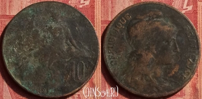 Франция 10 сантимов 1915 года, KM# 843, 357o-139