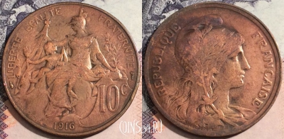 Франция 10 сантимов 1916 года, KM# 843, 170-116