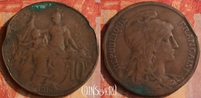 Франция 10 сантимов 1916 года, KM# 843, 188o-113