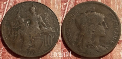 Франция 10 сантимов 1916 года, KM# 843, 376q-028 ♛