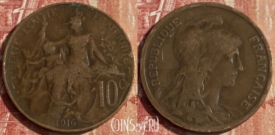 Франция 10 сантимов 1916 года, KM# 843, 442p-084 ♛
