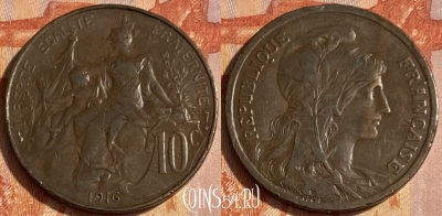 Франция 10 сантимов 1916 года, KM# 843, 463q-077 ♛