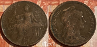 Франция 10 сантимов 1916 года, KM# 843, 494р-067 ♛