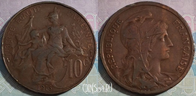 Франция 10 сантимов 1916 года, KM# 843, a087-067