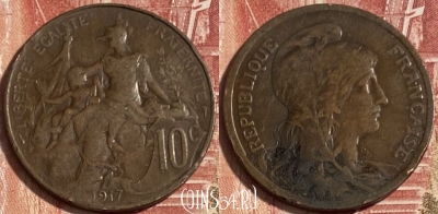 Франция 10 сантимов 1917 года, KM# 843, 074s-139 ♛