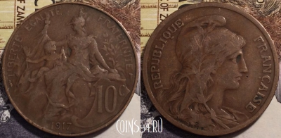 Франция 10 сантимов 1917 года, KM# 843, 238-070